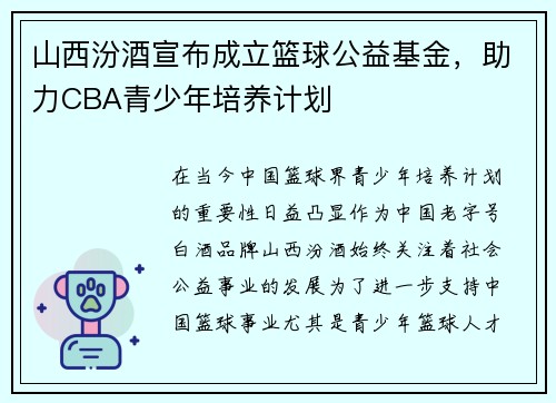 山西汾酒宣布成立篮球公益基金，助力CBA青少年培养计划